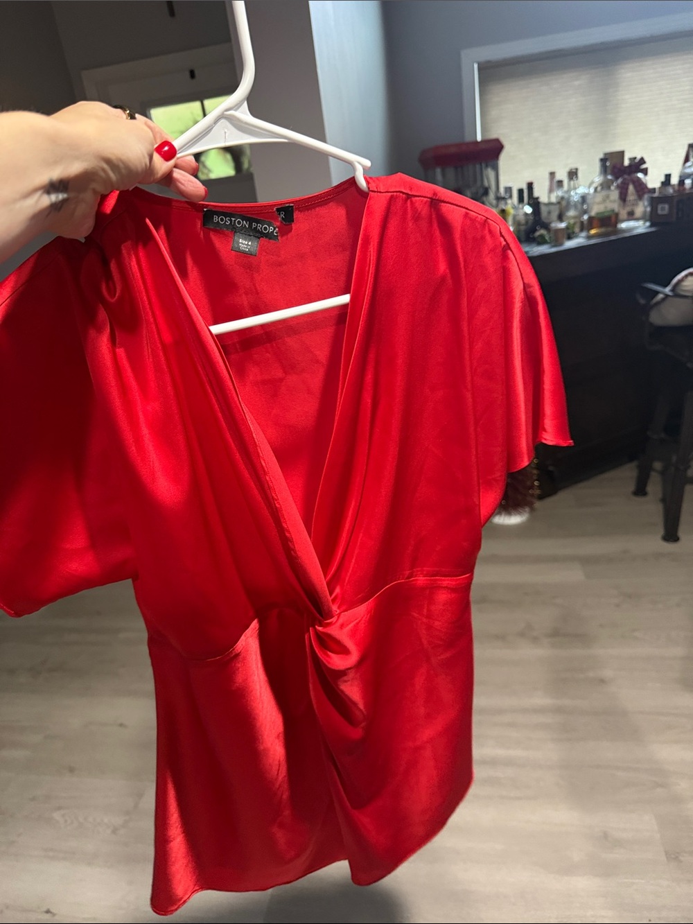 Boston Proper Red Satin Twist-Front Chemise Top